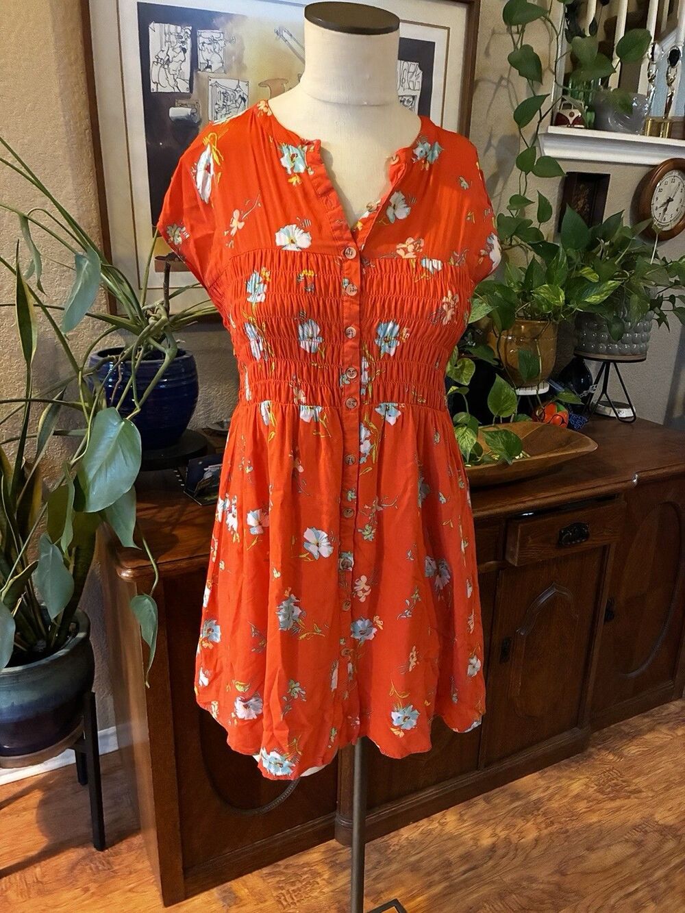 Free People Greatest Day Smocked Mini Dress Orange Red Floral Casual Beach Sz Sm